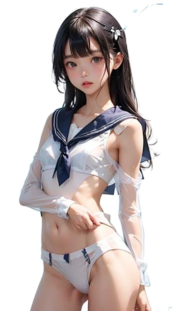 (((All clothes are transparent:1.5)))、cowboy shot、(( lift up the sailor suit with white panties cut in to reveal a small white transparent bra:1.5)）、(((All clothes are transparent)))、TOP QUALITY、RAW photo、Genuine、face、  Incredibly Beautiful Girls、cute、 lon...