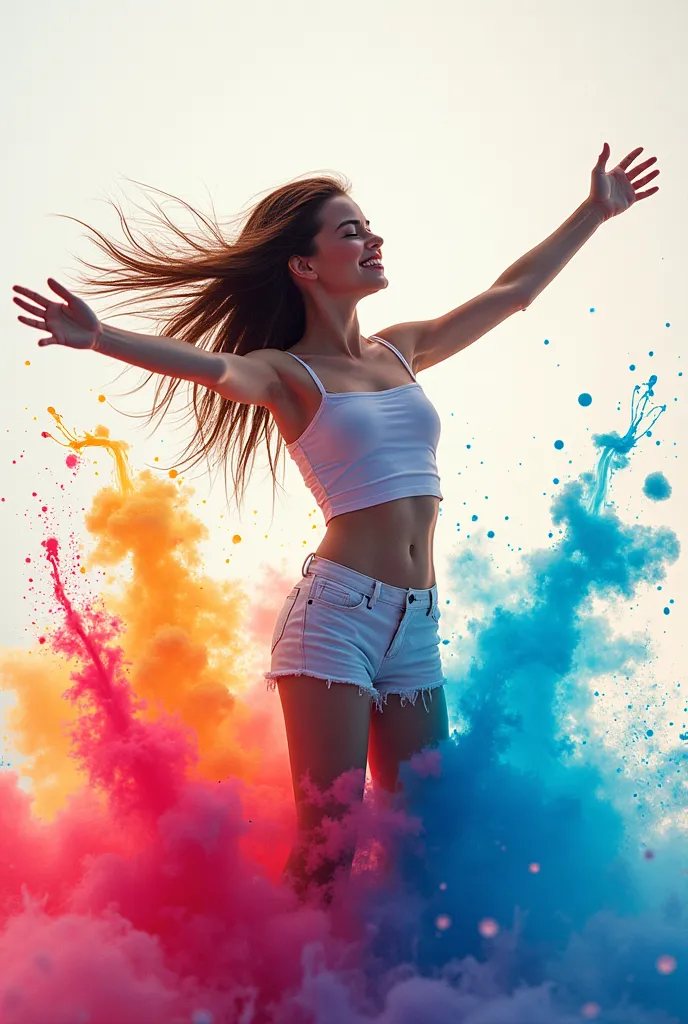 image of a beautiful 18-year-old girl dressed in short white clothes and eyes closed and smiling throwing herself with her back into a pool of colorful ink, splashing colored ink on the camera screen, The ink splashes on the camera screen 
