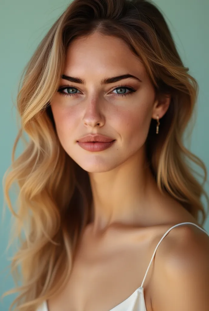 "Create an image of an incredibly beautiful female model with unique and captivating features. She has a flawless complexion, with radiant skin that glows under soft lighting. Her eyes are large, almond-shaped, and have a mesmerizing color, one that shifts...