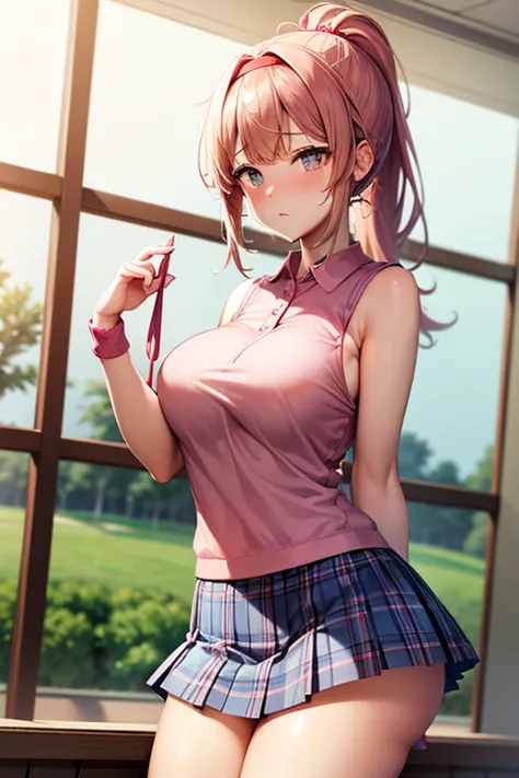 



  Big Breasts,  gold,   skirt visible , pleated uniform with light blue plaid super mini skirt,  Gal High School Girl   ,  The light pink top is a sleeveless polo shirt,  underwear came out   ,   low angle,Embarrassed , is embarrassing, ponytail,   Big...