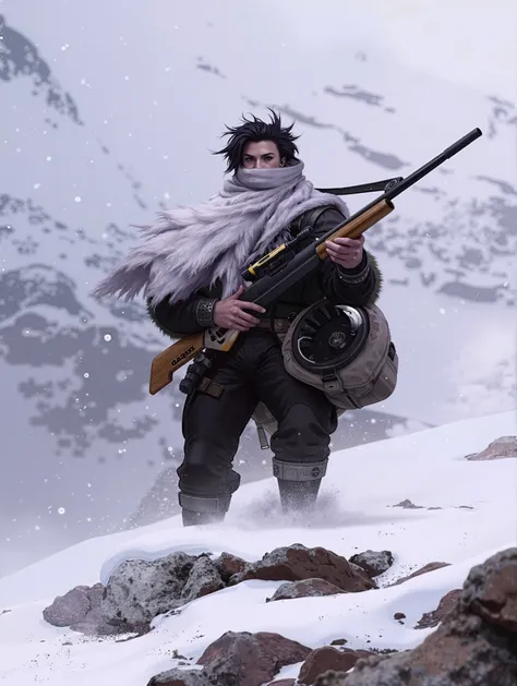 A fantasy sniper in cold mountains wearing military white clothes, holding magical sniper rifle, stern face, digital art