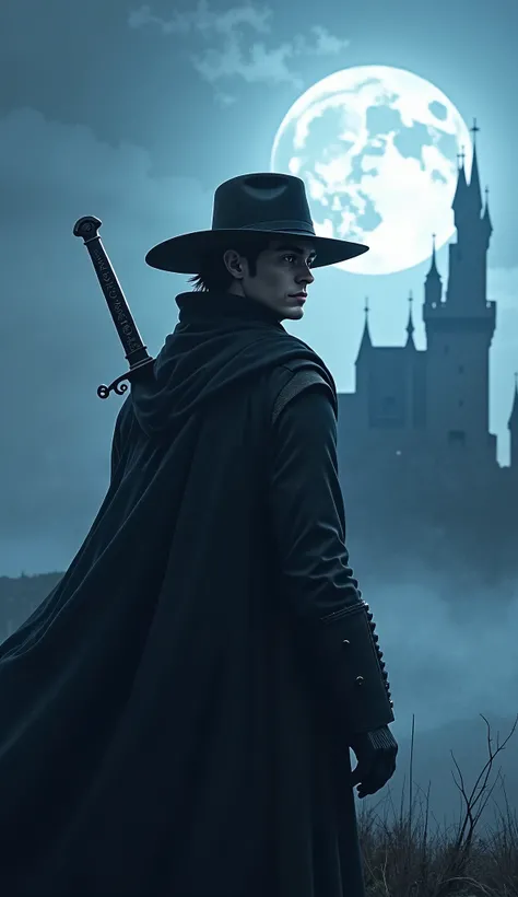  HD、８k,A castle shining in moonlight　 black cloaks、beautiful male solo wearing a wide-brimmed black hat deep in his eyes、A male solo carrying a sword with a simple silver decoration on his back