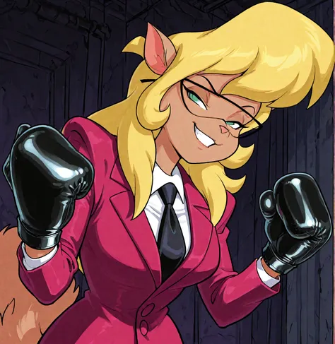 masterpiece, best quality, absurd res, 4k, highest quality,  1girl, solo, smile, shirt, jacket, white shirt, necktie, collared shirt, grin, formal, half-closed eyes, suit, furry, black necktie, callie briggs, blonde hair, furry female, animal ears, animal ...