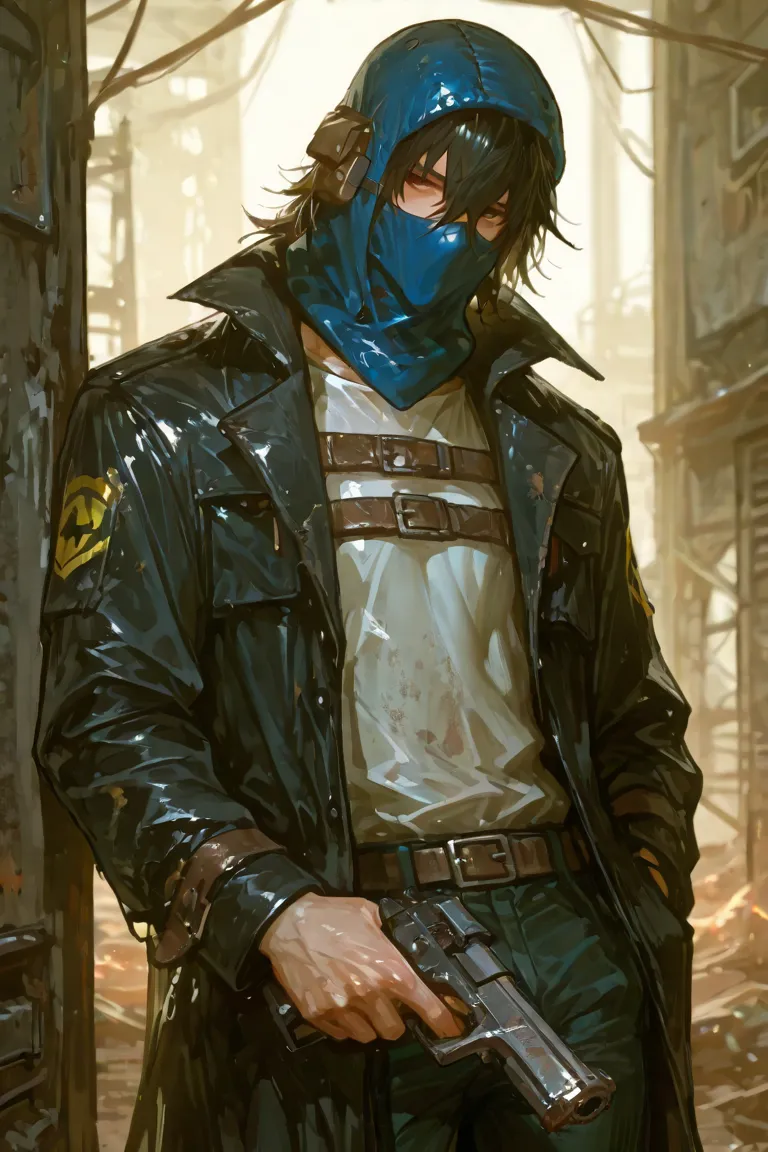 masterpiece, newest, absurdres, safe Solo, high detailed, male, handsome masculine male, Sexy male. Masculine male. Handsome Male, sexy male, Seductive, black hair, long messy hair, post apocalyptic survivor, post apocalyptic, S.T.A.L.K.E.R Stalker, balacl...