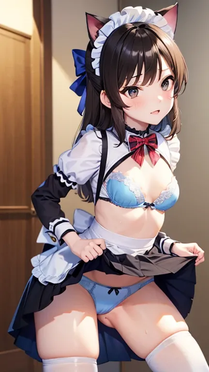 TOP QUALITY,one girl,((((:1.3)))))), curvaceous,orgasms,, sweat,  black hair, hair bow,((Maid)),miniskirt,Cafe,(( skirt raised ,Under the skirt,Small Vagina, shaves hair :1.1)),White Knee-High Socks, Alice Tachibana , Cat ears, collar , embarrassed express...