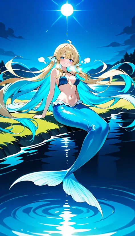 A playful young girl with a big smile, holding her breath and diving headfirst into the crystal-clear blue water of a serene lake. The sunlight dances across the surface, creating a warm glow as she plunges in, her golden locks flowing behind her like a me...