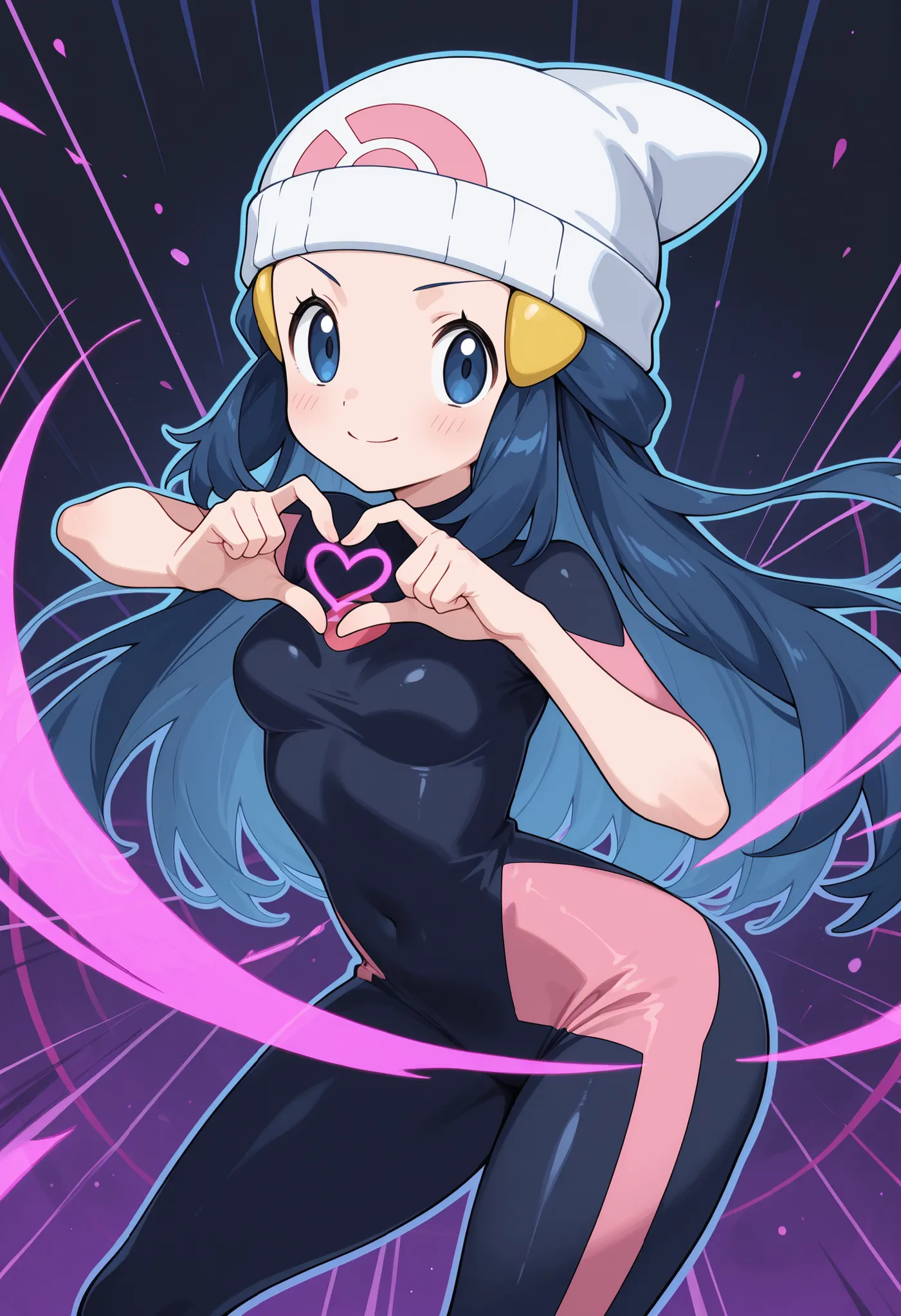 score_9, score_8_up, score_7_up, source_anime, 1girl. solo. pokemon dawn, dark blue. hair, blue eyes, long hair, hat, beanie, white headwear, medium breasts, huge hips. battoujutsu stance, looking at viewer,|  bodysuit, heart hands, abstract background, ne...