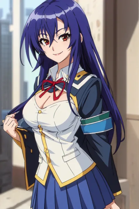 Kurokami Medaka ,  red eyes, by the blue,  long hair, choke, big breasts,
 school uniform,  pronounced neckline ,  clothing trim ,  pleated skirt , 
(the best quality, masterpiece,  RAW photo,ultra-detailed:1.2), 1 girl,Alone ,looking at the viewer, smile