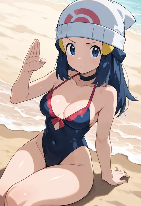 score_9, score_8_up, score_7_up, source_anime, 1girl. solo. pokemon dawn, dark blue. hair, blue eyes, long hair, hat, beanie, white headwear, medium breasts, huge hips. battoujutsu stance, looking at viewer,|  choker. choker. swimsuit. beach. sitting