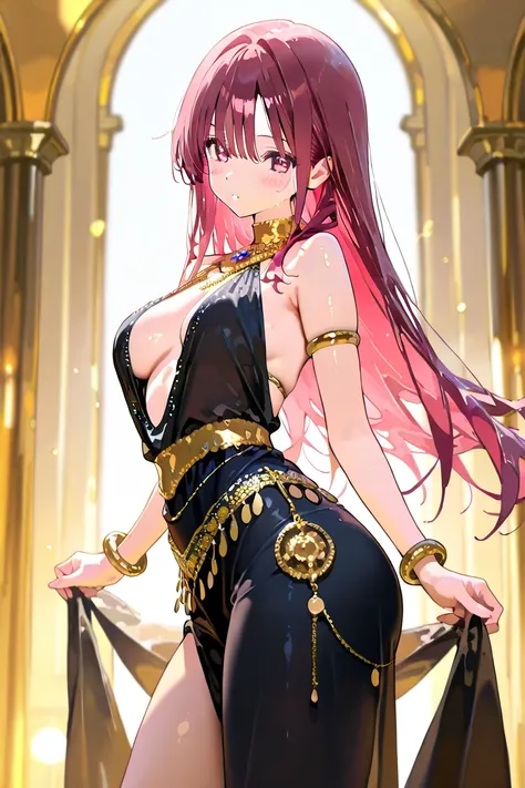 MASTERPIECE, BEST QUALITY, ULTRA DETAILED, HIGH DEFINITION, ILLUSTRATION, INTRICATE DETAILS, HYPER DETAILED, 1girl, slender, medium breasts, pink eyes, long hair, dark pink hair, long twitails, which is partially tied with gold metal behind the head, stand...