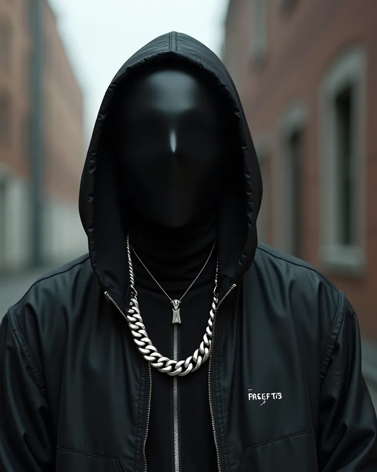 Rap rock artist with all face black mask like Slenderman with black mask, dressed In late 90's and early 00s style of hip-hop fashion, white gold chain.