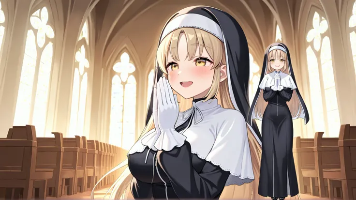 One girl, multiple ren, Sister Claire (Nijisanji), blonde hair, very long hair, golden eyes, large breasts, nun, nun's habit, white capelet, white gloves, praying, ren playing around Claire, talking to ren, whispering, smiling, pure, anime eyes, clear beau...