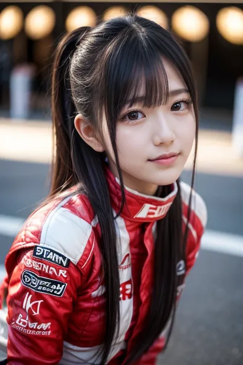 Japanese women who love idols   ,   long hair ,   straight hair , round face ,   bust up ,medium breasts, ( masterpiece: 1.3), (8k,   realistic  ,   RAW photo ,  top quality : 1.4), 18歳の美しい日本人女性の  F1 racing driver   ,   extremely detailed colors,   attenti...