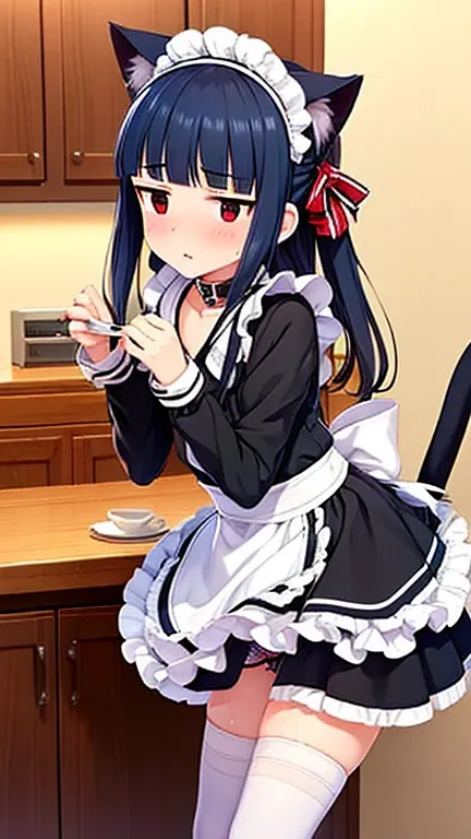 TOP QUALITY,one girl,((((:1.3)))))), curvaceous,orgasms,, sweat,  black hair, hair bow,((Maid)),miniskirt,Cafe,(( skirt raised ,Under the skirt,Small Vagina, shaves hair :1.1)),White Knee-High Socks, Yukimi, .,  long hair, blunt bangs,  expressionless, shy...