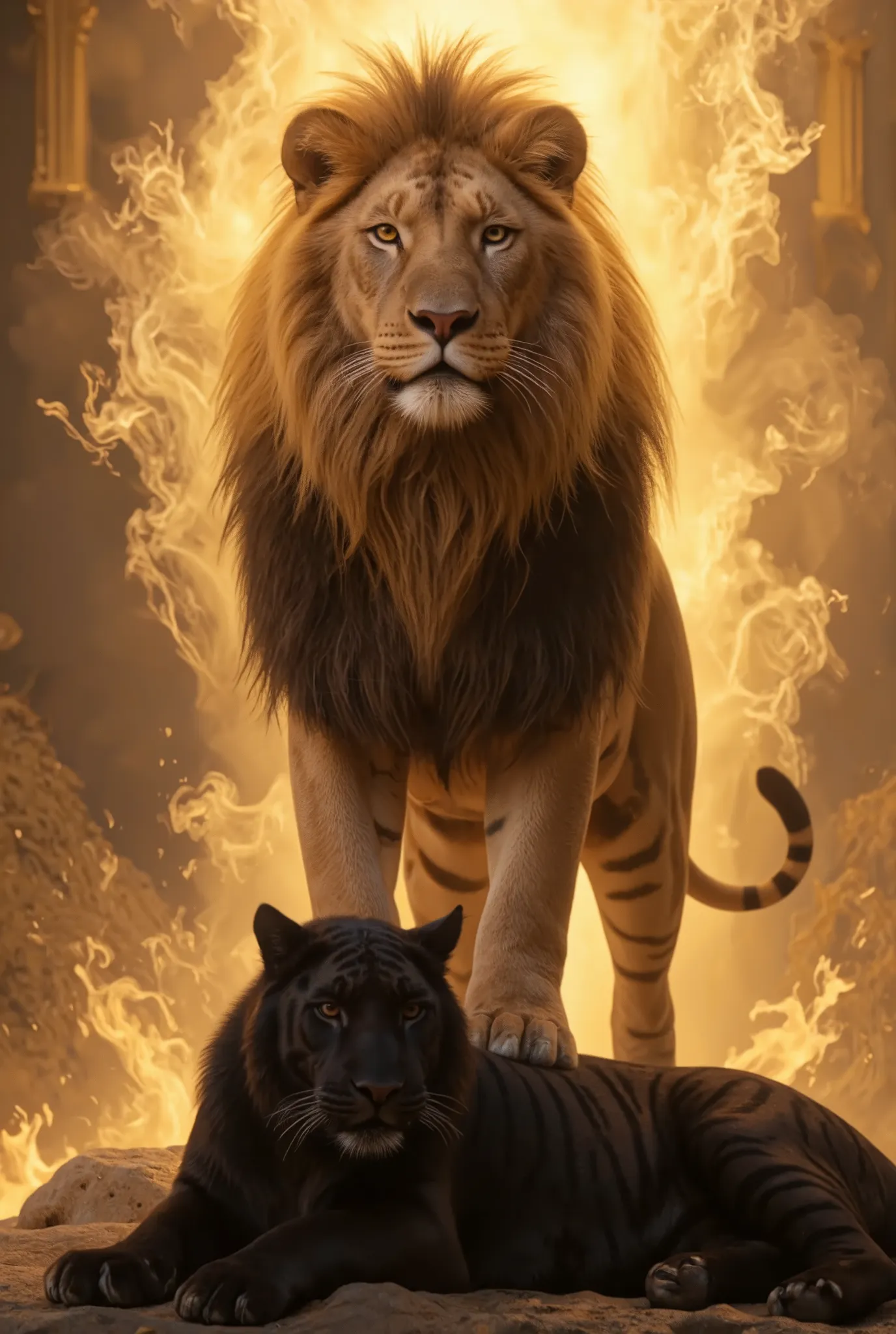 The victorious lion standing over the defeated black tiger, his eyes fierce, his mane glowing in the golden light, symbolizing justice and triumph.