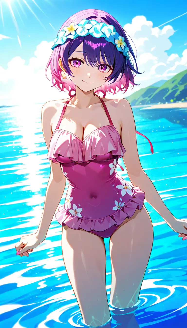 A gentle ripples' dance on a serene lake's surface, as a playful and radiant young girl, with bright pink swimsuit and matching floral swim cap, takes a refreshing plunge into the crystal-clear water. Soft sunlight casts a warm glow, illuminating her joyfu...