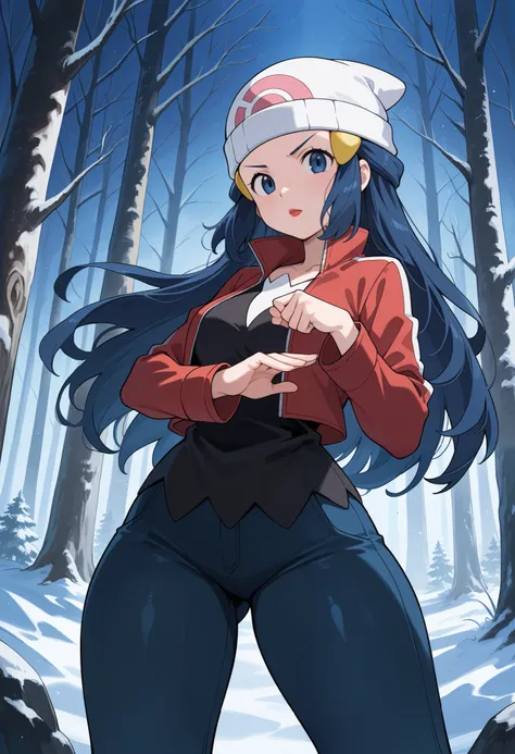 score_9, score_8_up, score_7_up, source_anime, 1girl. solo. pokemon dawn, dark blue. hair, blue eyes, sidelocks, long hair, hat, beanie, white headwear, medium breasts, huge hips. battoujutsu stance, looking at viewer,| looking at viewer, red lips, cowboy ...