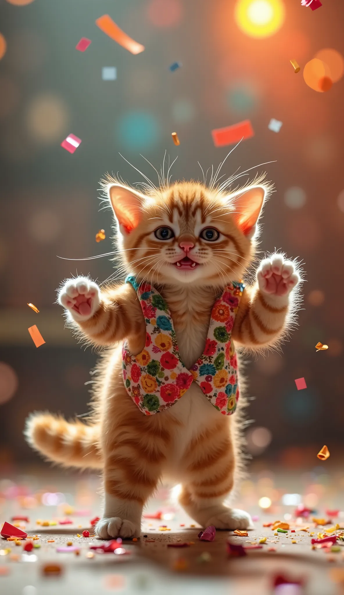 A cute cat in a playful pose, energetically dancing to a catchy tune. The cat is wearing a tiny, colorful dance outfit and showing off its moves in a lively, fun atmosphere. The background features a vibrant, joyful setting with confetti flying around and ...