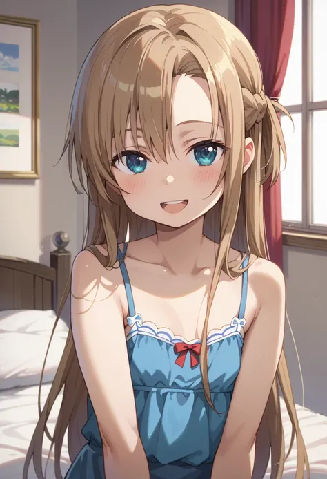 ((TOP QUALITY)), ((masterpiece)), (be familiar with),  perfect face, indoors, bedroom, watching viewers,
One woman, Asuna Yuki,
open mouth, ecstatic expression, blush, smile,
 small tits,  flat chest, Young girl,  lori,  ,  girl,
 long hair, long hair,
 op...