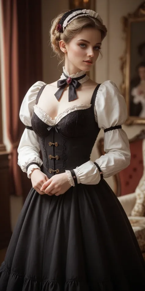 ((A young beautiful woman from the Victorian era)),((Epoch-typical clothing)),((cinematic)),(high resolution),(victorian scenario)