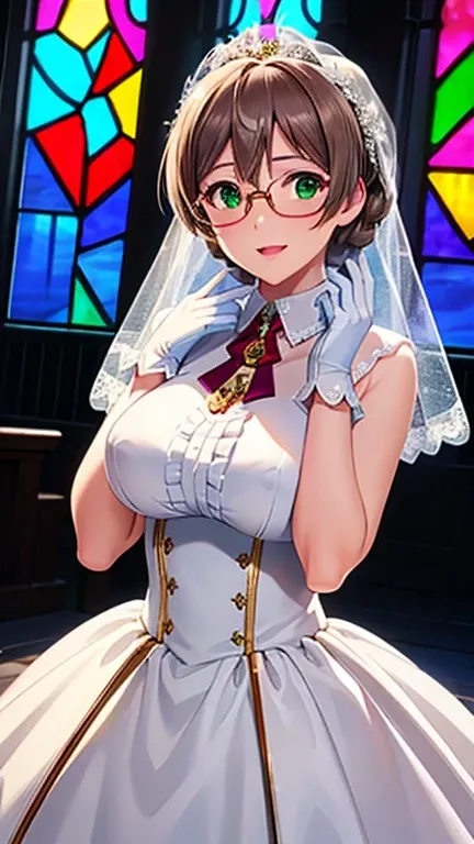 TOP QUALITY、high resolution、HD、high resolution、((church、 stained glass))、(glossy lips、Glowing Skin、realistic skin texture、((white wedding dress、 gloves)))、is staring at me、 Love Me、、(Open Your Mouth and Laugh)、(Very close), Sakuramori Kaori,big breasts, gr...