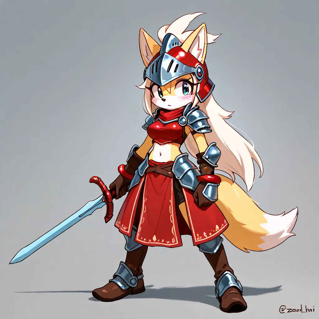 a drawing of a fox holding a sword while wearing armor with a helmet, 1girl, armor, solo, furry female, furry, tail, weapon, fox tail, breasts, yellow fur, animal nose, sword, animal ears, gloves, holding weapon, blue eyes, fox ears, holding, holding sword...