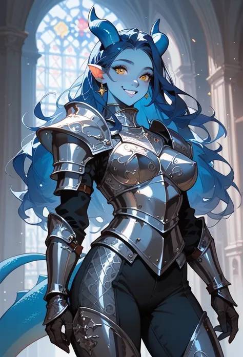 (cowboy shot) female knight, full knight armour, full knight armour, dark pants, Adult female kobold, with a long dark blue hair, long hair, tail, yellow eyes, blue skin small blue horns, and an athletic body Small loving smile, tower background.