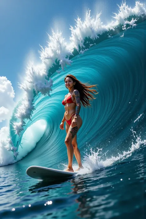 She wears a red bikini and has a dragon tattoo on her arm. I'm standing on a board with a bright smile and riding the side of a very huge wave.