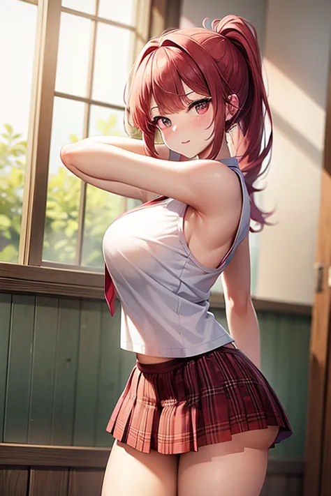 



  Big Breasts,  red hair,   skirt visible , Pleated Uniforms with Light Blue Plaid Super Mini Skirts,  Gal High School Girl   ,  The light pink top is a sleeveless polo shirt,  underwear came out   ,  Vertical angle,Embarrassed , is embarrassing, ponyt...