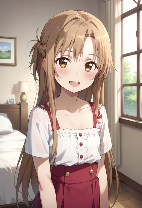 ((TOP QUALITY)), ((masterpiece)), (be familiar with),  perfect face, indoors, bedroom, watching viewers,
One woman, Asuna Yuki,
open mouth, ecstatic expression, blush, smile,
 small tits,  flat chest, Young girl,  lori,  ,  girl,
 long hair, long hair,
 op...