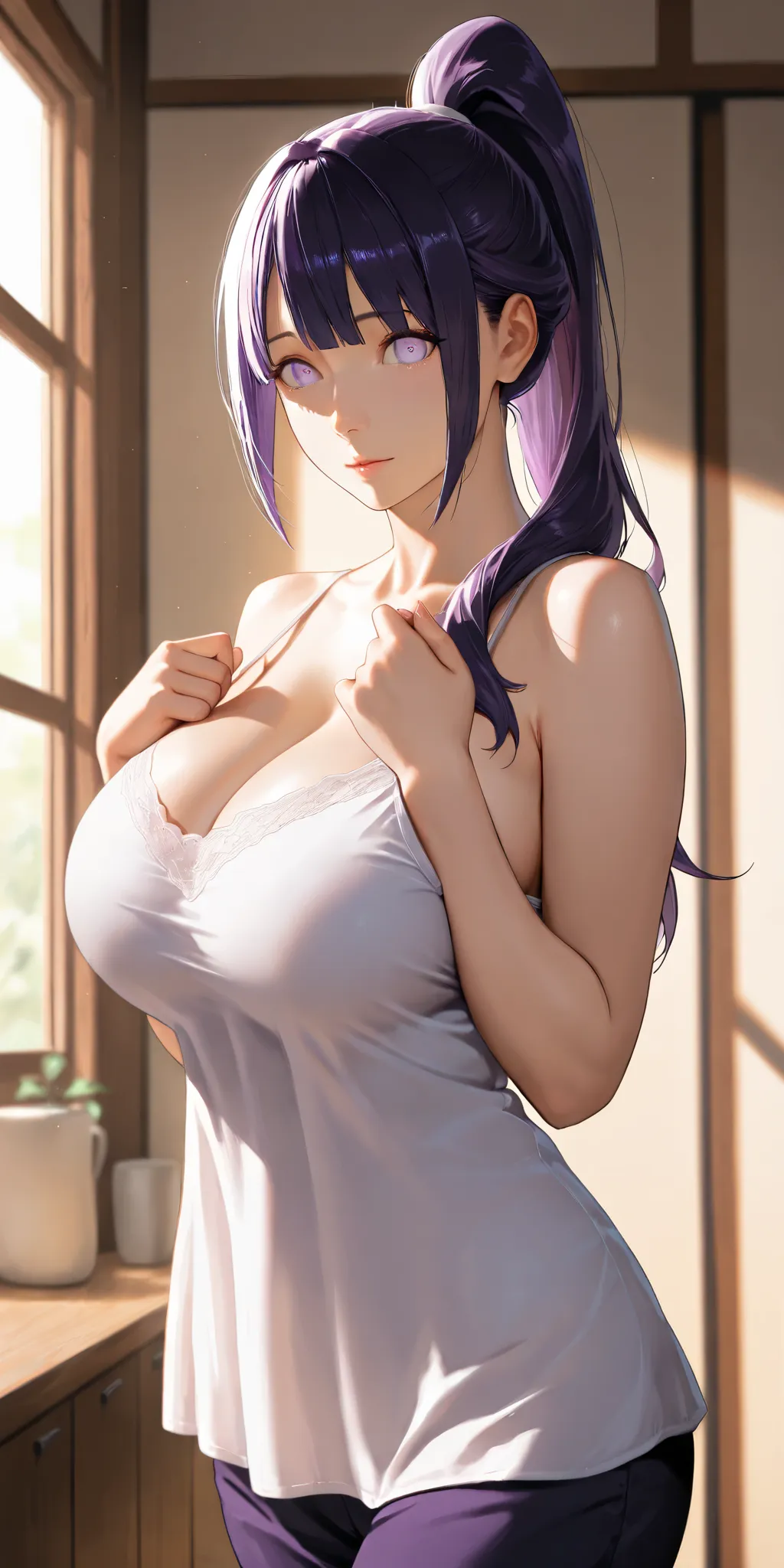 Masterpiece, newest, high contrast, very aesthetic, vibrant, mature female, hinata hyuga, high ponytail long hair, deep purple hair color, white eye color, camisole, perfect breast, upper body, ultra detailed, highres, best quality, home, semrealistic, hin...