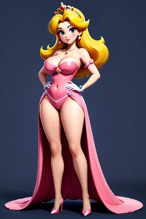 (((Full-body shot))) (standing pose) Show entire body, show every part of body, feet in view, beautiful female. (((Large breasts))) ((wide hips)) (((flat stomach))), (((empty hands))) (princess peach), large eyes, long legs, cleavage, (evening gown)