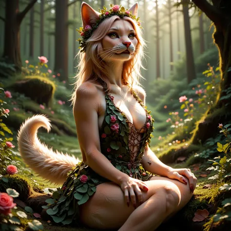 A cat girl , Beautiful with a dress of nature, the fur all over her body long tail beautiful