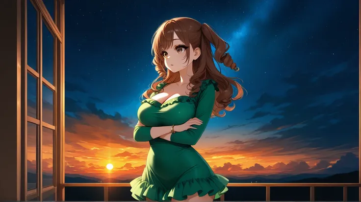 arimiya misora (jokei kazoku) a woman in a green dress standing on a balcony  is posing for a picture in a room with a window, night sky in the background, solo, bracelet upper body, brown eyes, brown hair, cleavage, crossed arms, curly hair,  twin side dr...