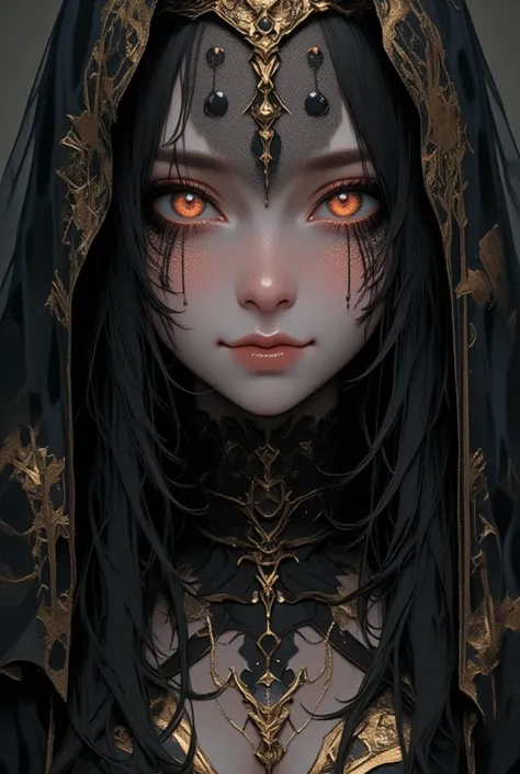 Task Information: Full view, general BREAK/ a splendid young girl with a thick black veil placed on her head, BREAK the veil is black decorated with a golden pattern BREAK/ the veil covers her eyes, only her mouth is visible BREAK/ long hair sticks out of ...