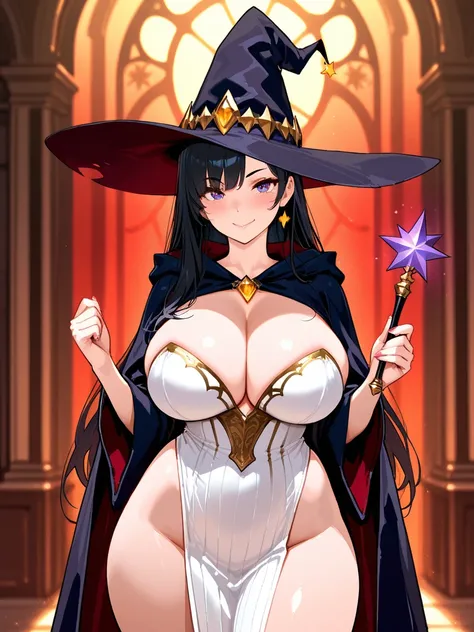 8k,masterpiece, best quality, ultra detailed, high resolution, super fine illustration, Black-haired witch,
She holds her wand and chants spells,
She has big tits and big hips,