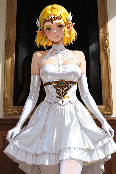 Create a picture of Princess Zelda wearing a short white skirt and wearing your white pantyhose and white sterile latex gloves