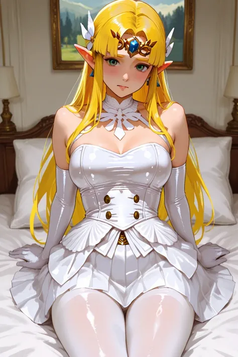 Create a picture of Princess Zelda wearing a short white skirt and wearing your white pantyhose and white sterile latex gloves