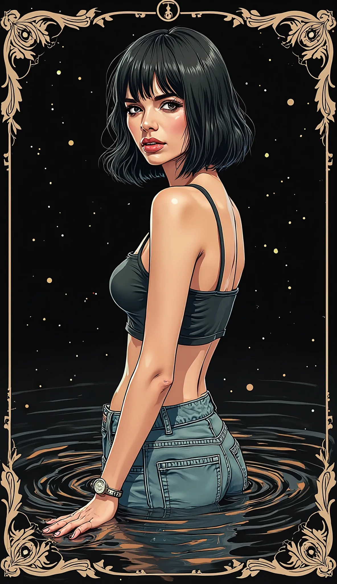    Masterpiece   , line graphics ,   orgasm,  drowns in a tiny sludge puddle, mature young diva  ,   crop top ,  levis jeans on the back  , straight bob-haircut,    turns around,   black background, tarot frame, mascara, muted