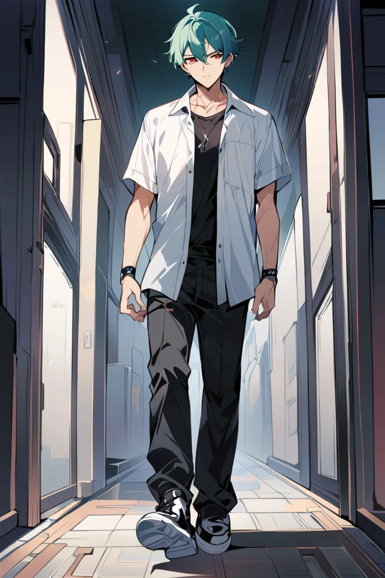 1boy ,solo, short sleeves, white open wide shirt, black undershirt, black jean pants, black sneakers, teal hair, neck scar, red eyes, stoic look, sliver riings fingers, black wrist, looking at viewer, High Resolution, Masterpiece, Best Quality, walking, ha...