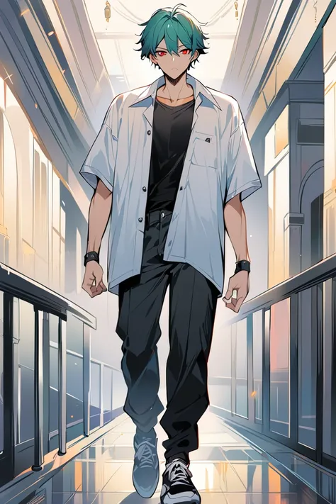 1boy ,solo, short sleeves, white open wide shirt, black undershirt, black jean pants, black sneakers, teal hair, neck scar, red eyes, stoic look, sliver riings fingers, black wrist, looking at viewer, High Resolution, Masterpiece, Best Quality, walking, ha...