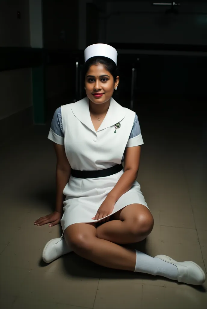 photo of a Sri Lankan 25 years old nurse, Sri Lankan woman face, wearing nurse cap, nurse uniform, white above knee skirt, white socks, white nurse slip-on shoes, classic bun short hair, black strip in waist, big chest, cinematic lighting, seduce face, cow...