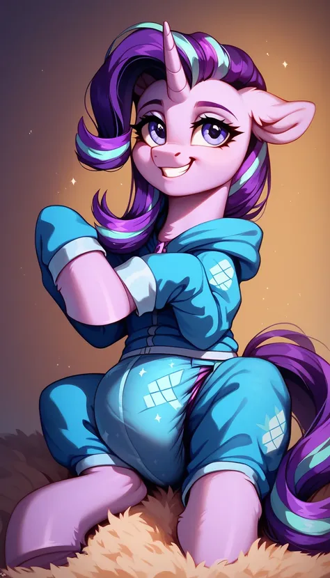 pony unicorn alone , Starlight Glimmer, adult mare, purple mane with blue strand, purple eyes, a kind happy smile on the face, sitting on the carpet, purple tail with blue strand, dressed in blue onesie and a thick diaper under her clothes, solo, simple ba...