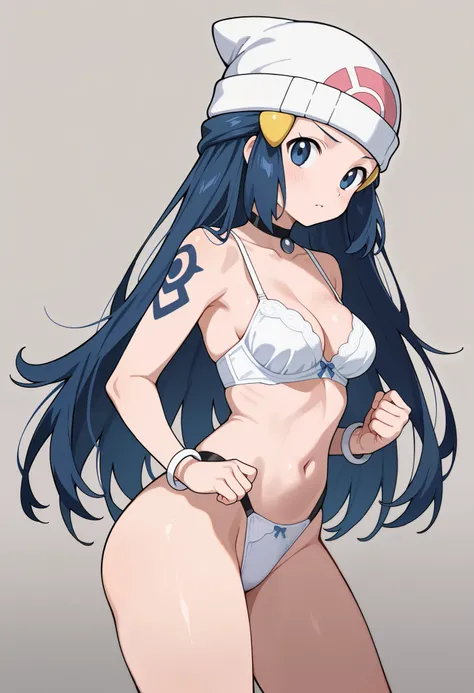 score_9, score_8_up, score_7_up, source_anime, 1girl. solo. pokemon dawn, dark blue. hair, blue eyes, long hair, hat, beanie, white headwear, medium breasts, huge hips. battoujutsu stance, looking at viewer,|  choker, White bangle, a woman with hair styled...