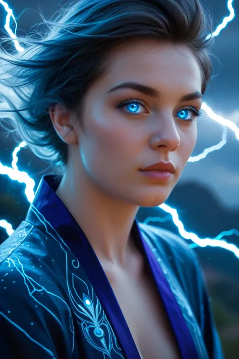 A close up of a powerful Stormcaller Mystic in an intense close-up, his face illuminated by a crackling arc of lightning dancing across a fingertip. His glowing, stormy-blue eye radiates raw magical energy, and his expression is fierce and focused. Wind wh...