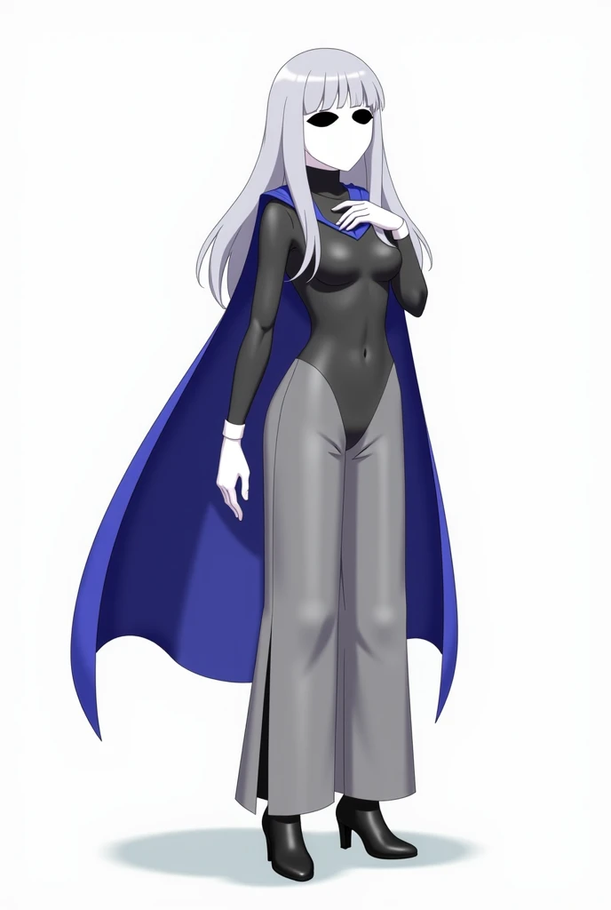 Solo, 1girl, faceless, white face mask with black eyes, grey hair, long hair, blue long cape, white gloves, cape touches ground, grey clothing bodysuit, black heels boots, wide grey leather open trousers pants with covered boots, used cape to covered, cart...