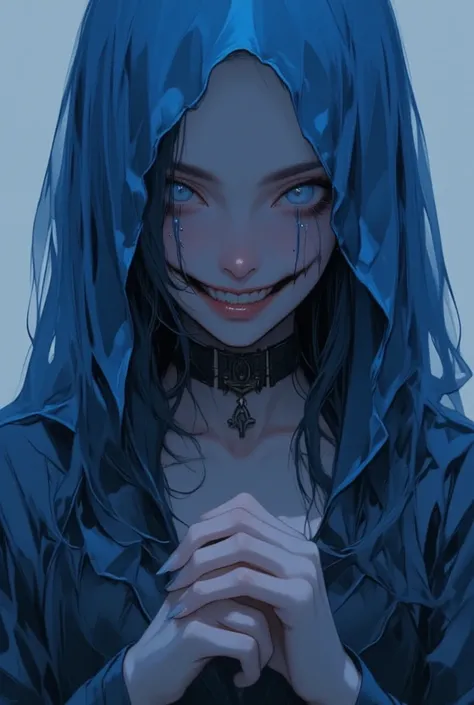 Task Information: Full view, general BREAK/a beautiful young girl with a thick bleu veil on her head, BREAK/ the veil covers her eyes, only her mouth is visible BREAK/ long hair sticks out of the veil, BREAK/ she has a devilish smile BREAK/  masterpiece, b...