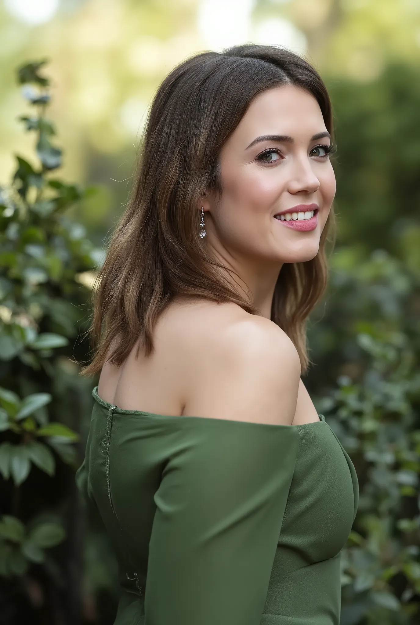 best quality, highres, 8k, masterpiece, photography, detailed midbody photorealistic portrait. Mandy Moore modelling a green satin blouse suit for Vanity Fair, wearing a matching green satin bra. The blouse features a V-neckline and billowing sleeves, pair...