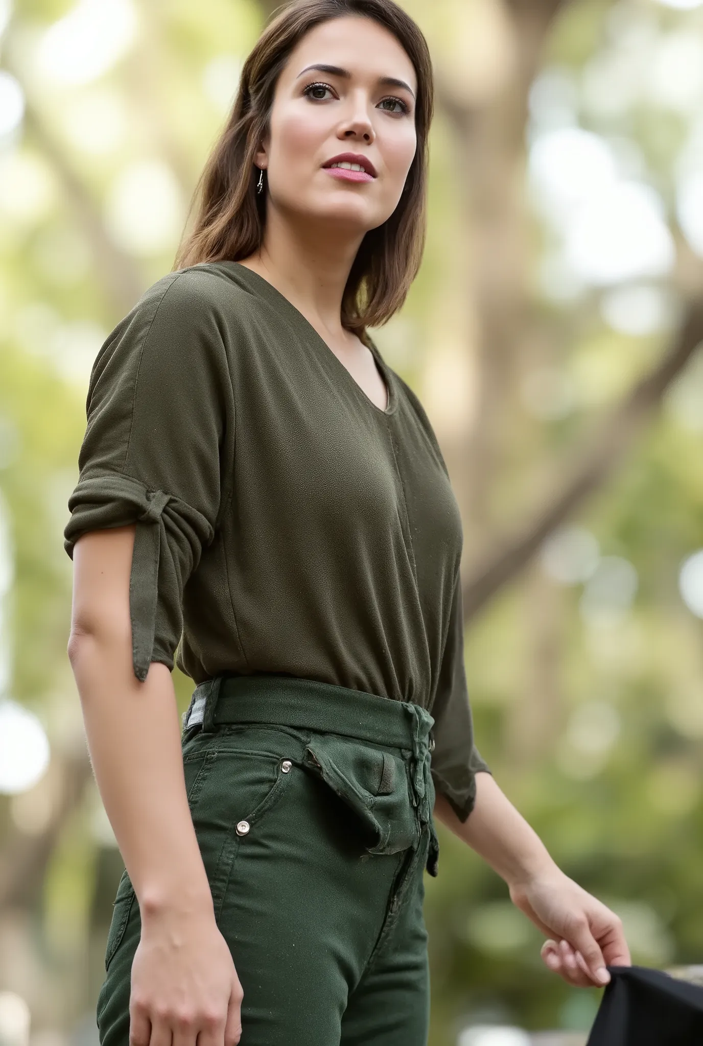 best quality, highres, 8k, masterpiece, photography, detailed midbody photorealistic portrait. Mandy Moore modelling a green satin blouse suit for Vanity Fair, wearing a matching green satin bra. The blouse features a V-neckline and billowing sleeves, pair...