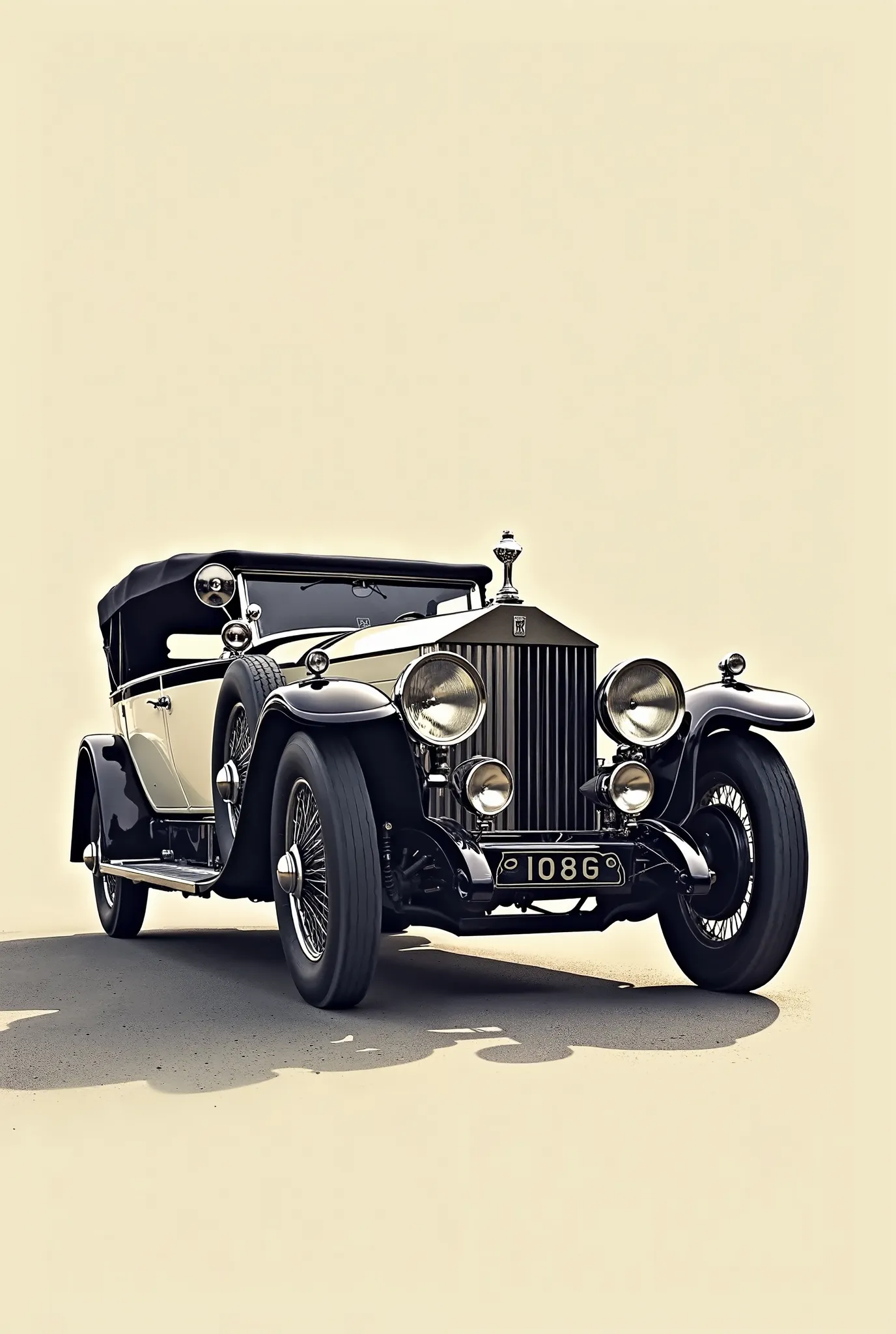 Magnifique Rolls-Royce Silver Ghost,1920, nex phantom, blanche, capote noir, capot argent,design graphic vintage, beaucoup de détails, image vectorielle, très réaliste, vue de coté, arrière-plan abstrait, 